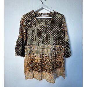 Tianello One Body Of Love Womens Floral Patchwork Tunic Top Small Cotton Brown